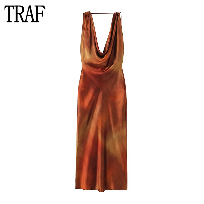 

TRAF Print Slip Long Dress Women Sexy Backless Party Dresses for Women 2023 Asymmetric Satin Female Dress Summer Maxi Dresses