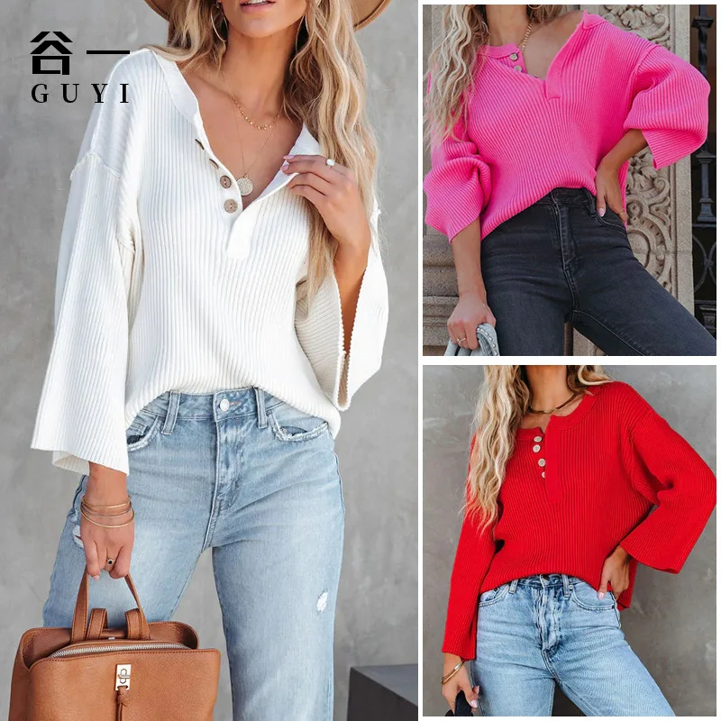 

2022 Early Autumn New Top Women's Solid V-Neck Pullover Shirt Loose Shirt