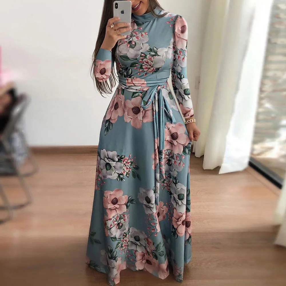 

2023 Women Summer Autumn Long Dress Casual Long Sleeve Floral Print Maxi Dress Turtleneck Bandage Elegant Party Dresses Vestidos