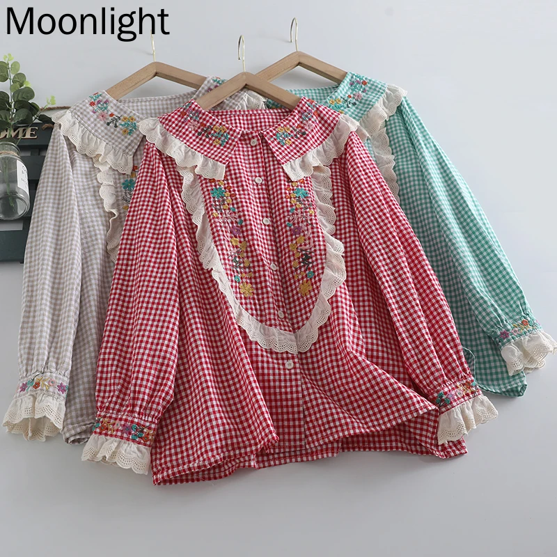 

Embroidered Plaid Blouse Women Japanese Sweet Lace Peter Pan Collar Long Sleeves Single Breasted Shirt Autumn New Mori Girl Tops