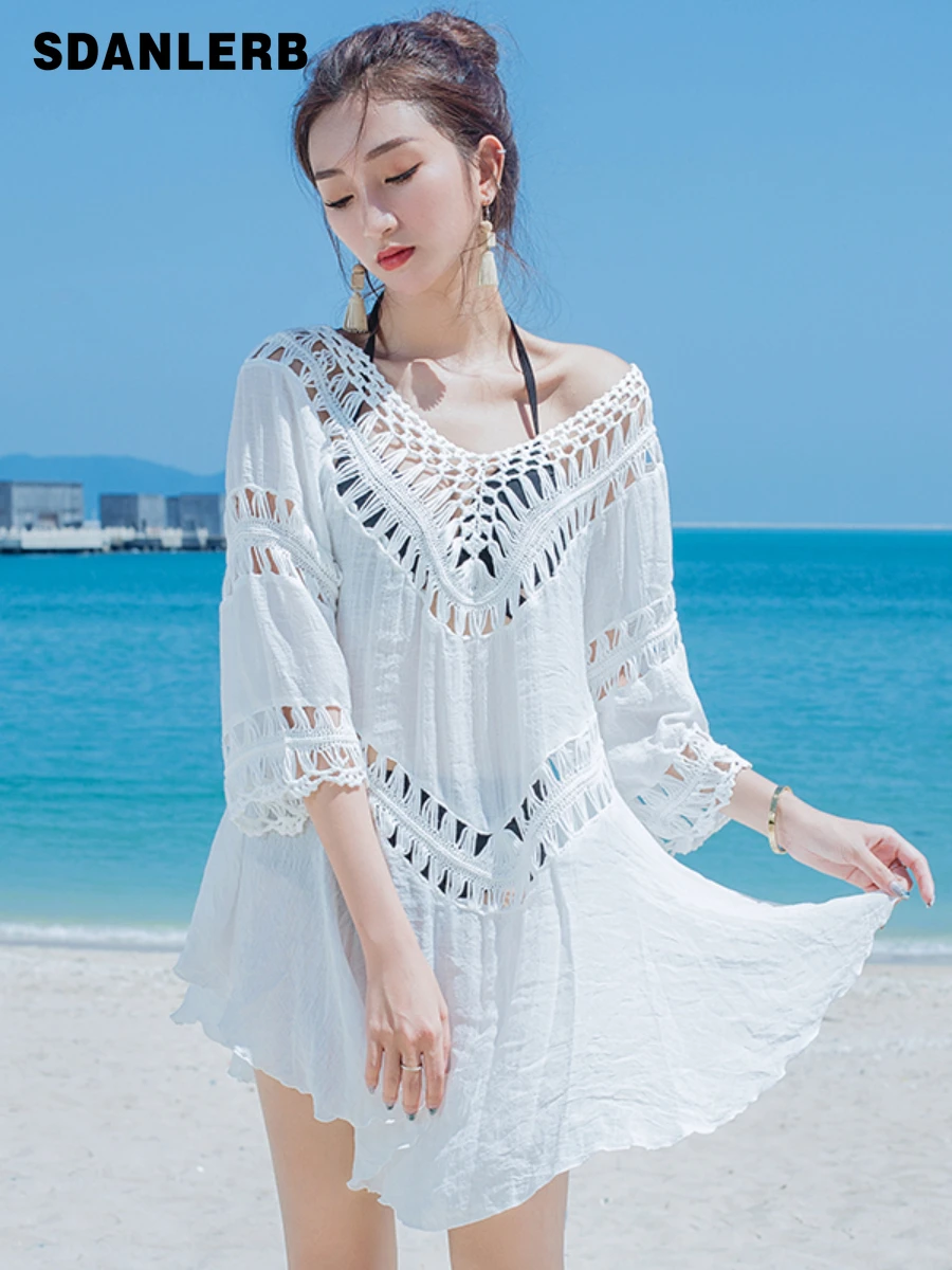 

Sun Protection Clothing for Women 2022 Summer Seaside Vacation Bikini Blouse Hollow-out Swimsuit Coat Mid-Length Beach Tops