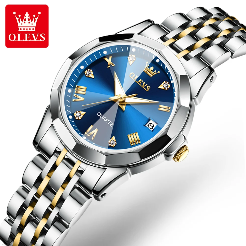 

OLEVS Top Brand Women's Watches Elegant Rhombus Mirror Blue Quartz Wristwatch Ladies Stainless Steel Waterproof Luminous Clock