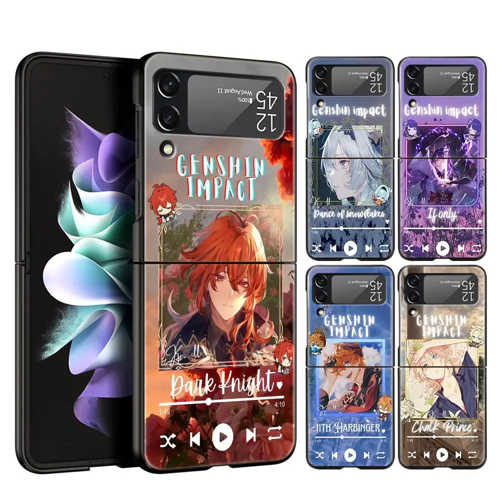 

For Samsung Galaxy Z Flip 3 4 5G Hard Black Folding PC Phone Case Genshin Impact xiao Music For Samsung Z Flip3 Cover Protect