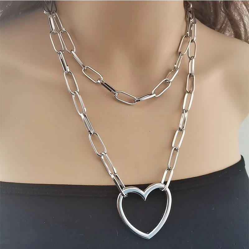 

European And American Retro New Jewelry Multi-Storey Simple Thick Chain Hip Hop Big Love Pendant Peach Heart Ladies Necklace