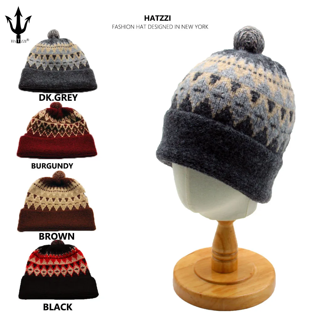 HATZZI Жаккардовая вязаная шапка-бини Fair Isle теплая и универсальная с защитой ушей