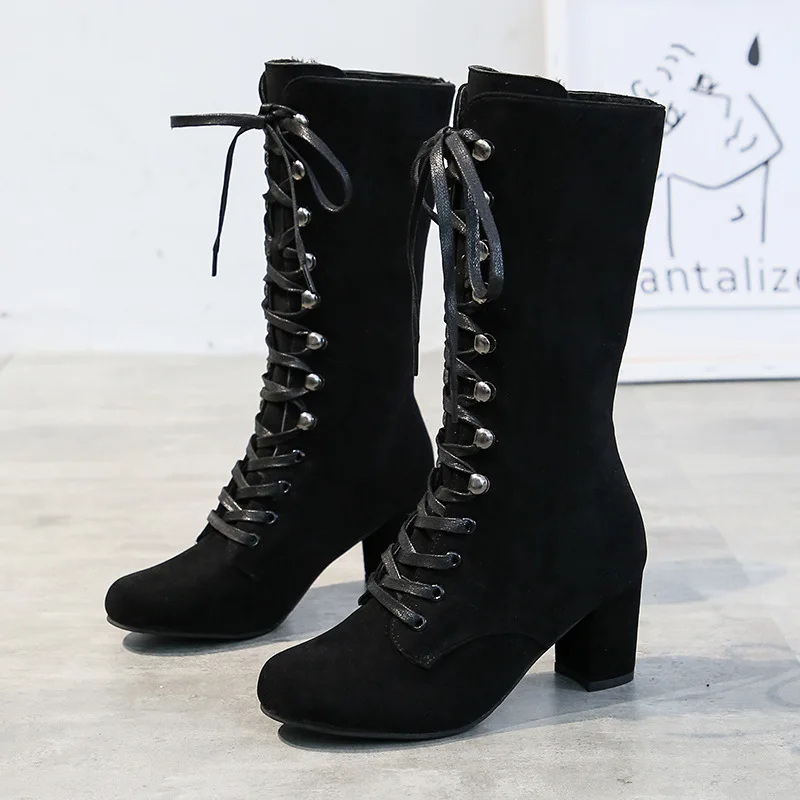 Women's Boots 2022 New Fashion High Boots Round Toe Lace-up Shoes Thick Sole High Heel Long Women's Boots Ladies Casual Shoes