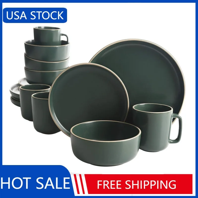 

Gibson Home Zuma 16 Piece Round Kitchen Dinnerware Set, Dishes, Plates, Bowls, Mugs, Service for 4, Matte Stoneware, Green