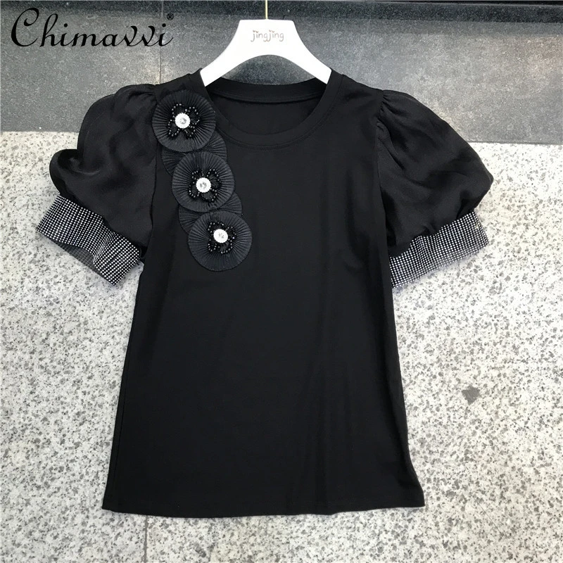 

Exquisite Rhinestone Beaded 3D Flower T-shirt Women's 2022 Summer Fashion Bubble Sleeve Short Sleeve Round Neck Slimming Top Tee