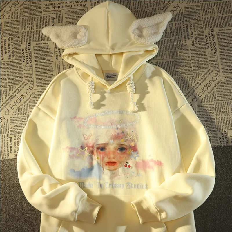 

Harajuku Cute Angel Ears Printed Hoodies Oversized Apricot Sweatshirt Kawaii Pullover Hoodie Y2k Clothes Streetwear Women Kpop