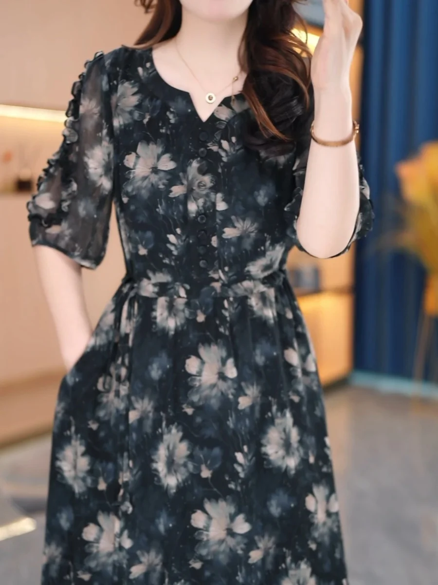 Accessible Luxury High-End Fashion Print Dress Women's 2025 New Arrival K-sle Silm Slim Looking Anti-Aging Mid-Length A- li... |