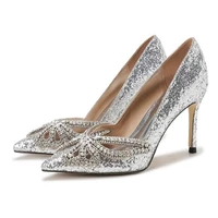 crystal butterfly knot high heel shoes woman pointed toe party wedding heels glitter embellished dress shoes silver hollow pumps