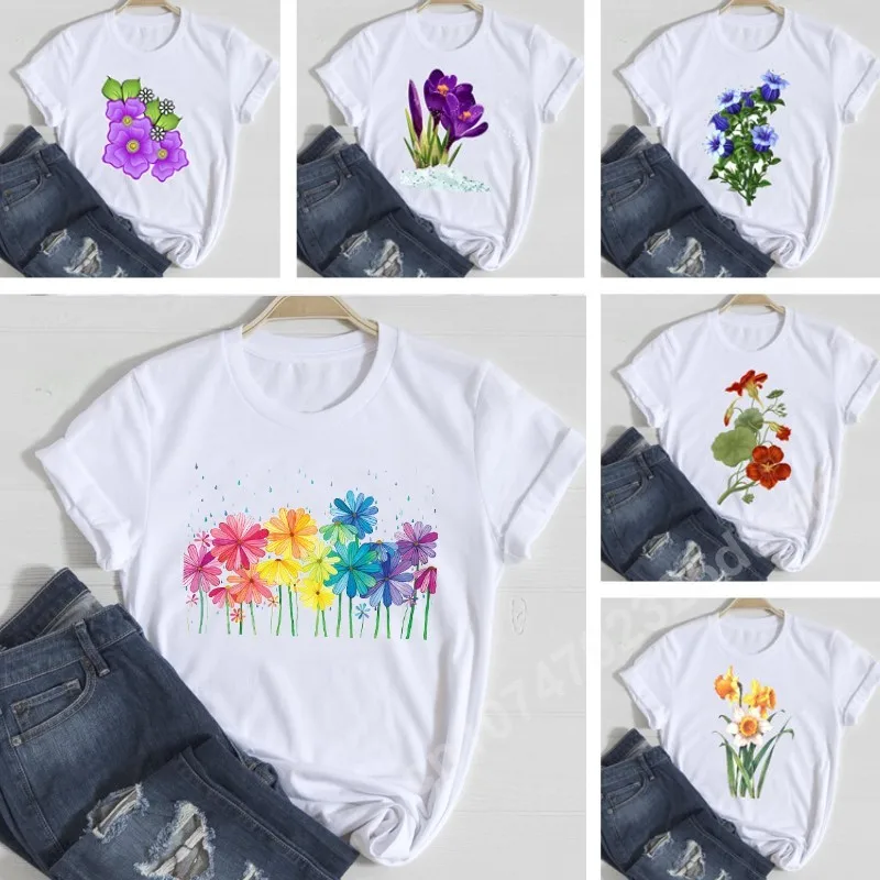 

Colorful Flower Graphic T-Shirts for Women Summer Clothing Casual Short Sleeve Y2k Tops Oversized Tees Lady Harajuku T Shirt