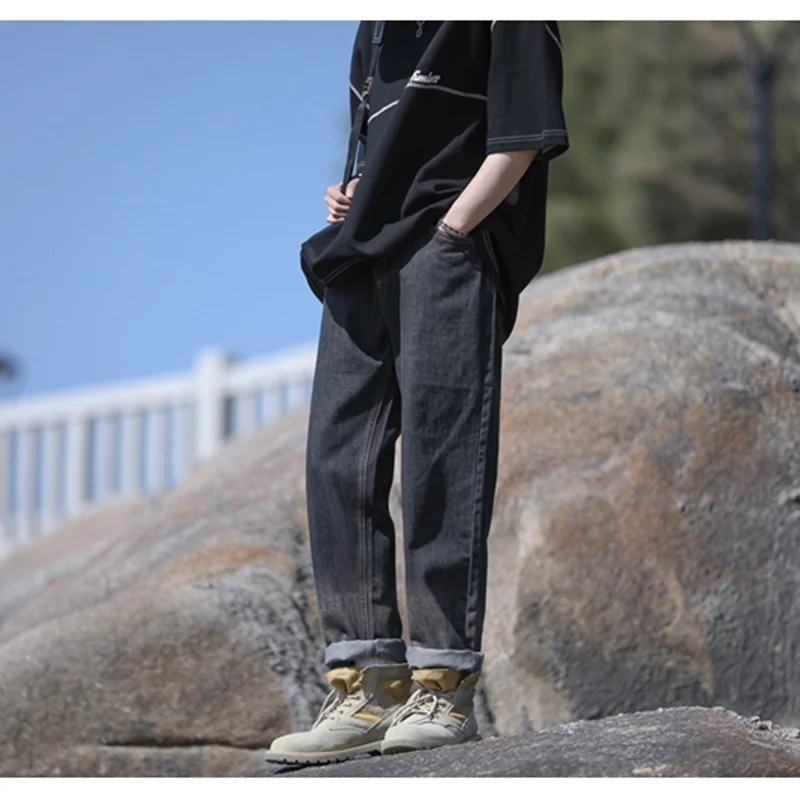 Men Clothing 2022 Autumn Winter New Vintage Versatile Comfortable Black Grey Harun Trousers Straight Loose Cylinder Jeans Female