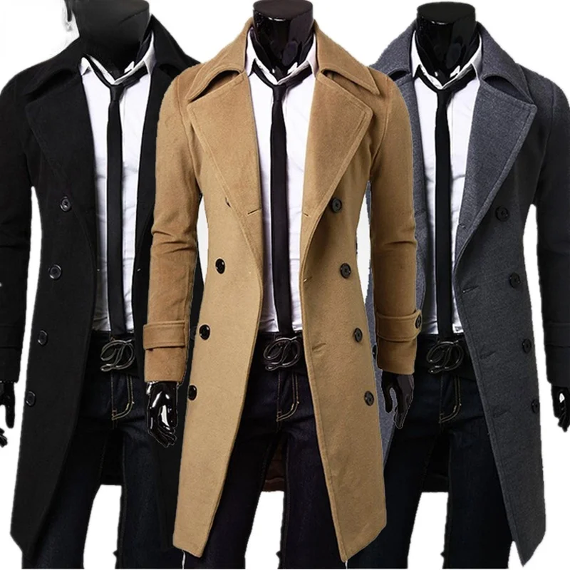 

Winter Casual Trench Coat Men Mid-Length British Slim Jacket Double-Breasted Solid Color Male Trench Coat Long Coat Men