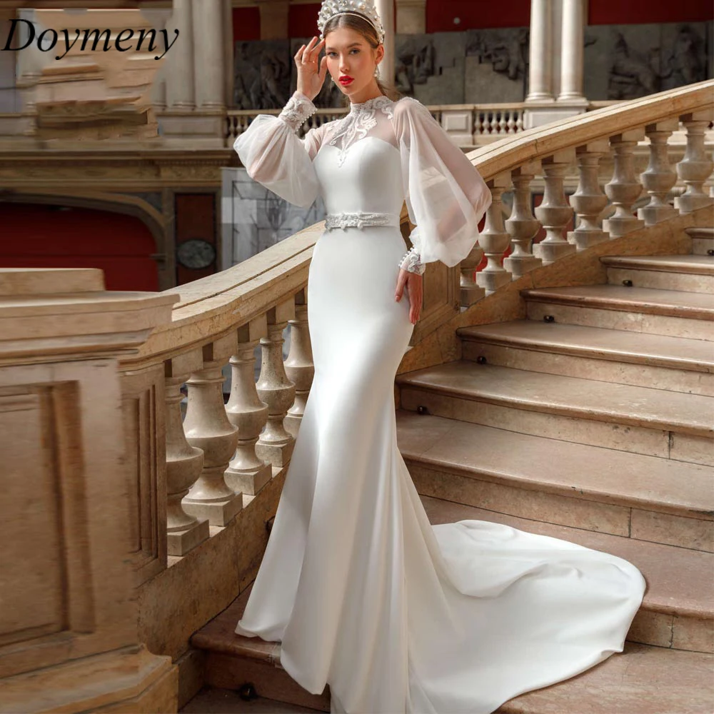 

Doymeny Bridal Wedding Dress O-Neck Court Train Exquisite Satin Button Long Sleeves Appliques Mermaid Sheath Robe De Mariée