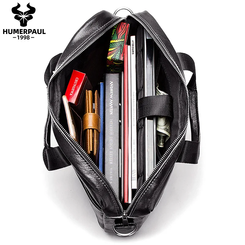 HUMERPAUL Genuine Leather Briefcase Classic Business Office Handbag For Men Fit 14'' Laptop Bag Capacity Male Shoulder Messenger
