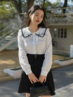 dushu slightly fat lady peter pan collar bow sweet blouses pull regular sleeve shirts office lady single breasted solid shirt