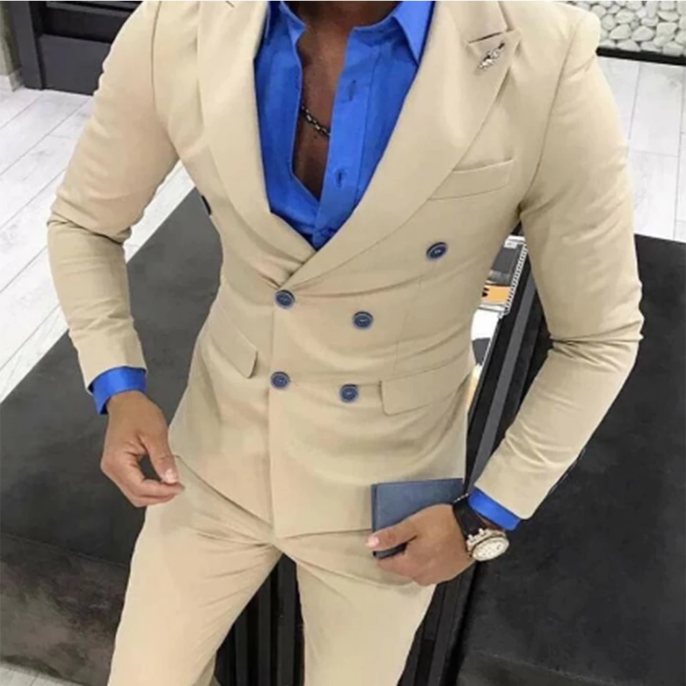 Beige Slim Fit Men Suits with Double Breasted Peaked Lapel Groom Tuxedo for Wedding Custom Male Fashion 2 Piece Jacket Pants