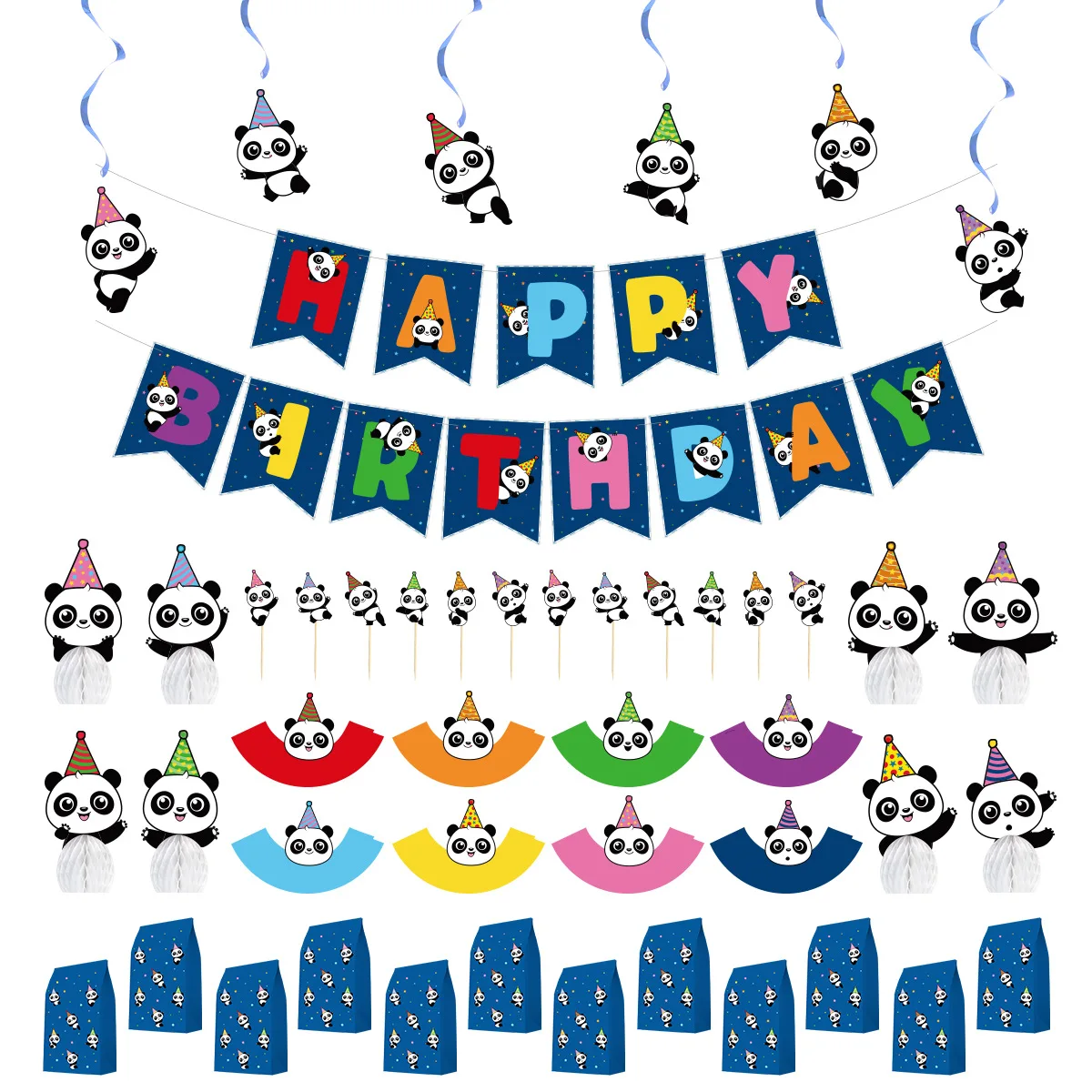 CHEEREVEAL Panda Theme Party Decoration Blue Balloon Set Cake Topper Happy Birthday Banner Honeycomb for Birthday Party Supplies