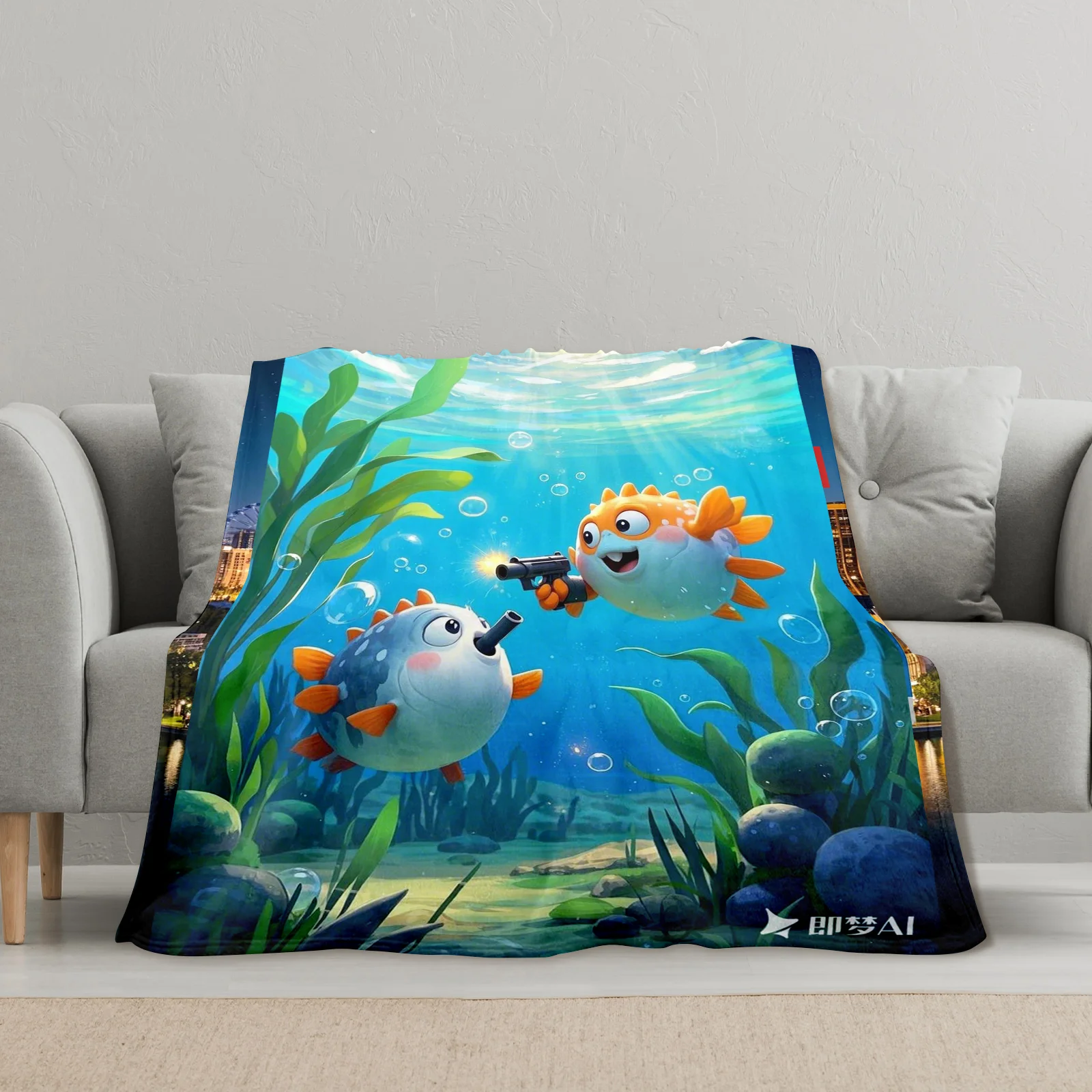 Причудливое зеленое тематическое одеяло Рыба-фугу для игривого домашнего декора