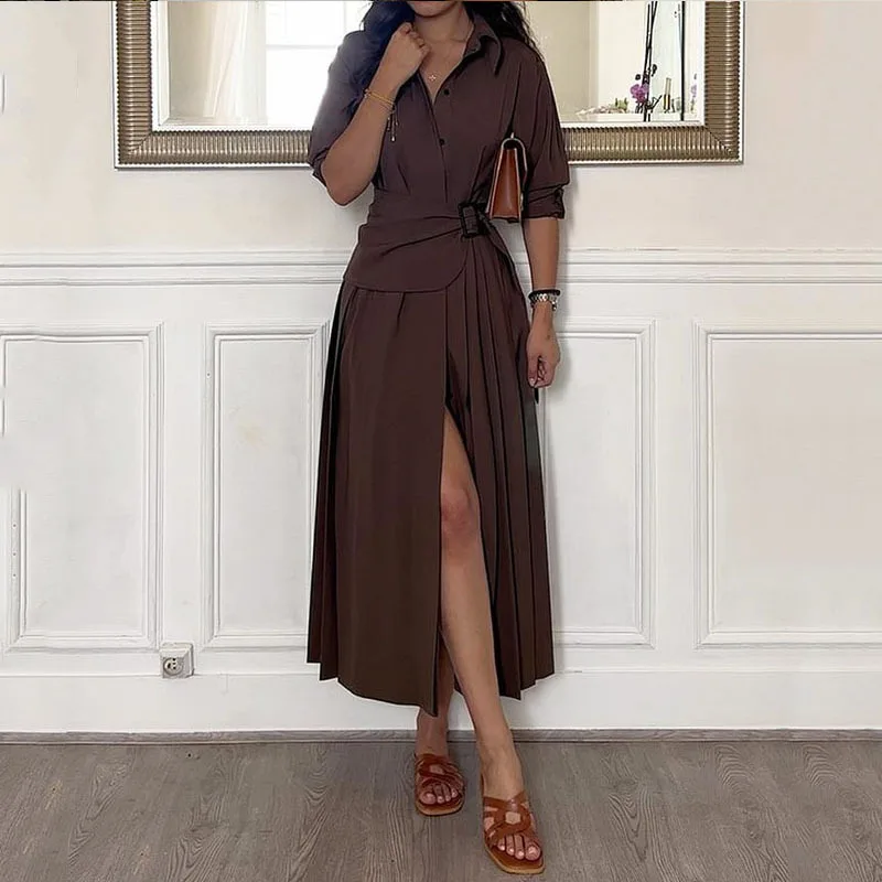 

2023 Summer New European and American Style Standing Neck Elegant Commuter Solid Split Dress
