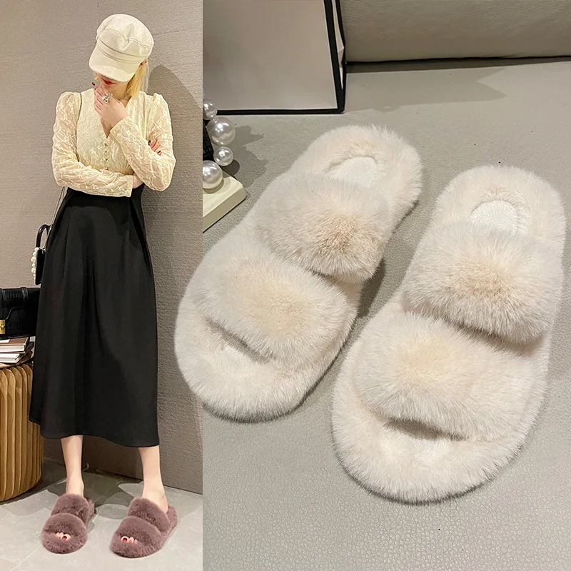 

Shoes Big Size Flock Plush Slippers For Adults Slides Slipers Women Fur Flat 2022 with fur Rome Rubber Basic Short Fur Shoes Big