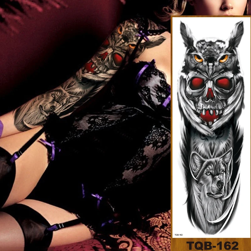 Тату-наклейка Временная на всю руку с цветами искусство тело ногу Череп голова