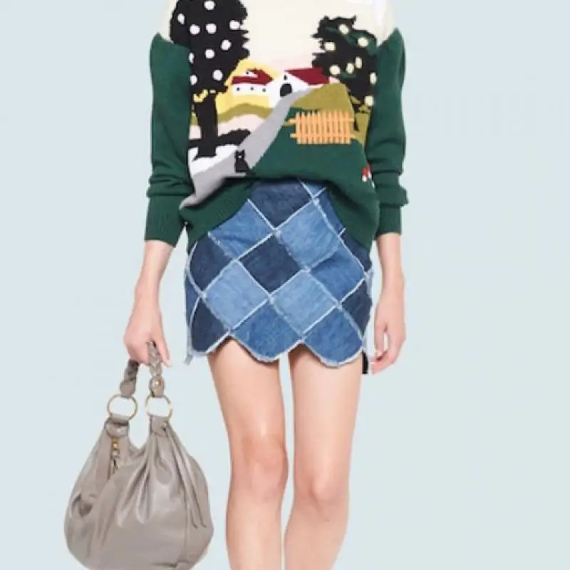 

Женская джинсовая юбка в клетку, трапециевидная юбка контрастных цветов с алмазным швом и необработанными краями, необычный дизайн, 2022