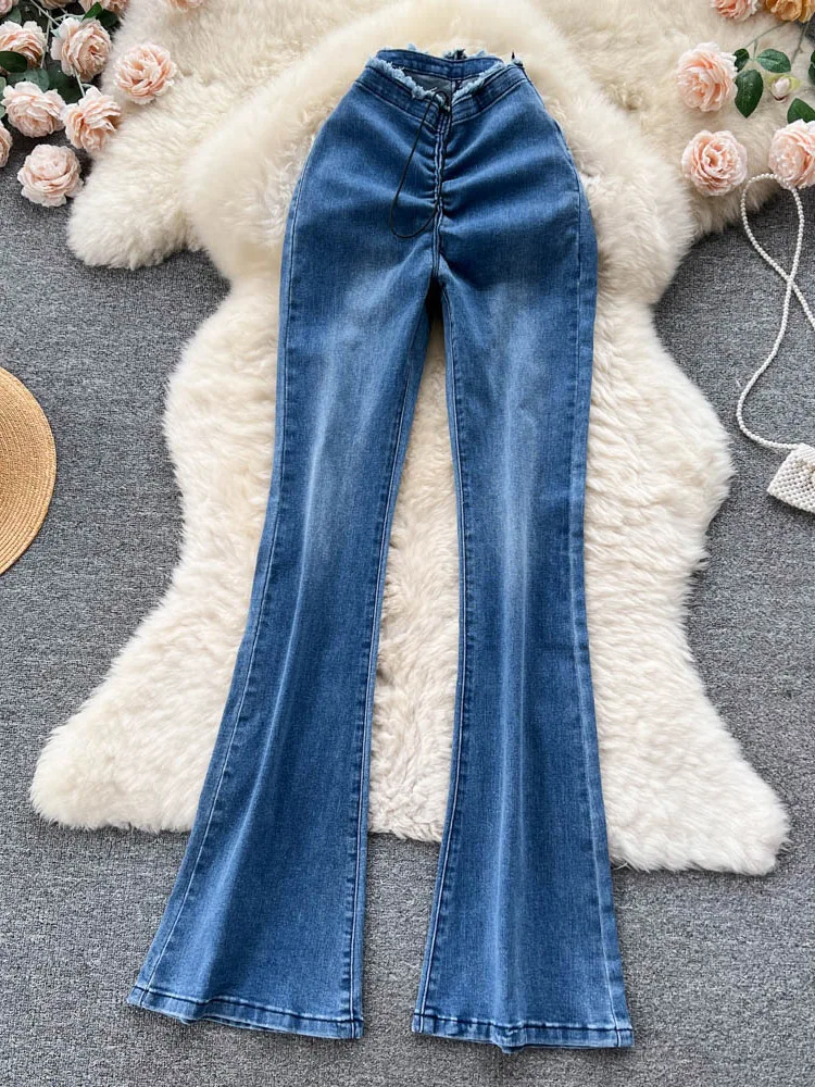 

EWQ Elegant Chic Women's Jeans Burr Split Drawstring Wish High Waist Contrast Color A-line Denim Pants Autumn 2023 New 27SN3608