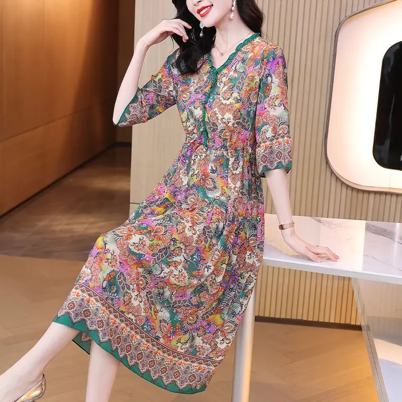 

Summer Thin Dress 2023 Woman Silk Floral Printing Dress Flare Sleeve Elegant Long Beach Vintage Dresses for Women Clothes D16