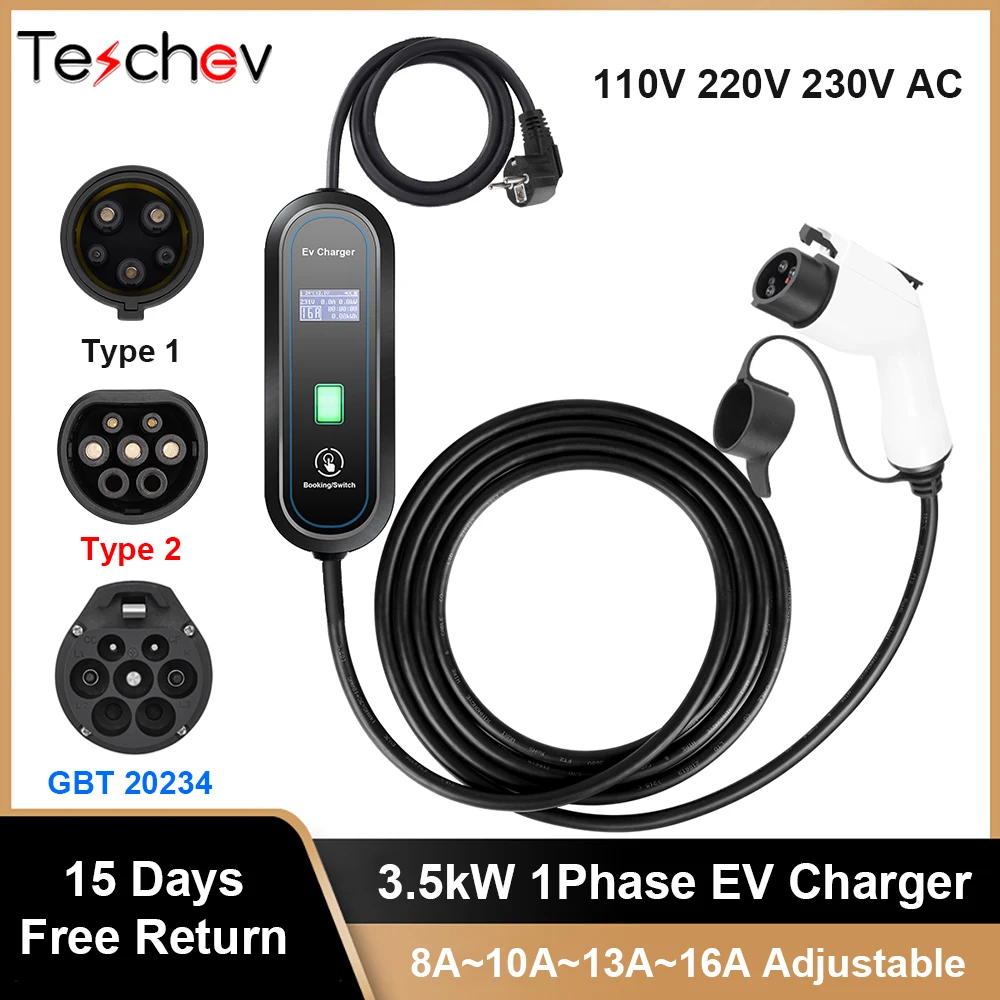 

Teschev 110V 220V Level 2 EV Charger Type 2 Fast Charge J1772 Type 1 Charging Cable 16A Wallbox GBT Car Charger For Electric Car
