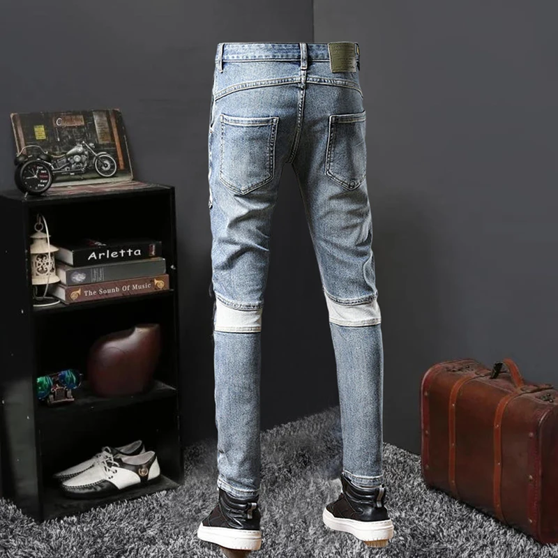 Мужские осенние облегающие эластичные джинсы синего и белого цвета с