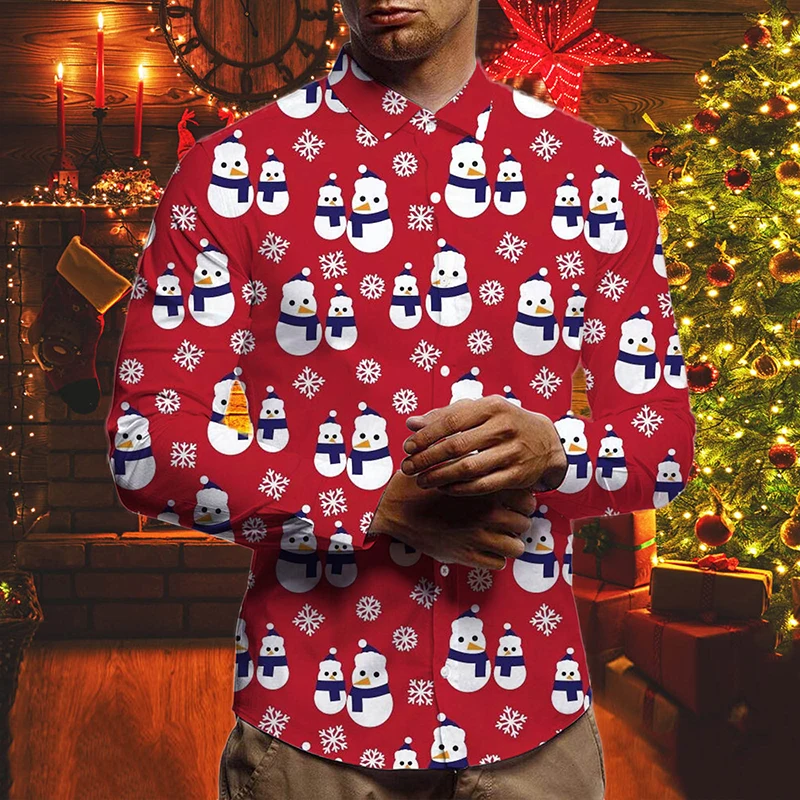 New Men's Santa Snowman Print Shirt Casual Fashion Long Sleeve Lapel Button Wild Top Creative Slim Festive Decoration Shirt