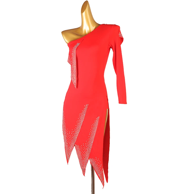 

Красное соблазнительное танцевальное платье с длинным рукавом для латиноамериканских танцев, одежда для выступлений на заказ для взрослых и детей, одежда для сцены для румбы и сальсы