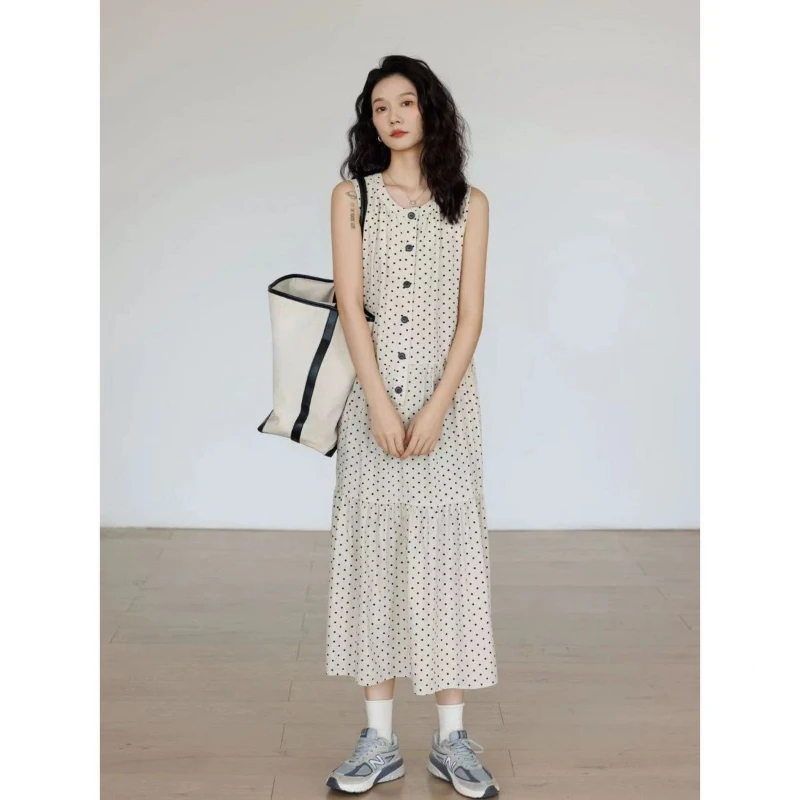 Французское длинное платье-жилет в горошек женское элегантное платье-майка с