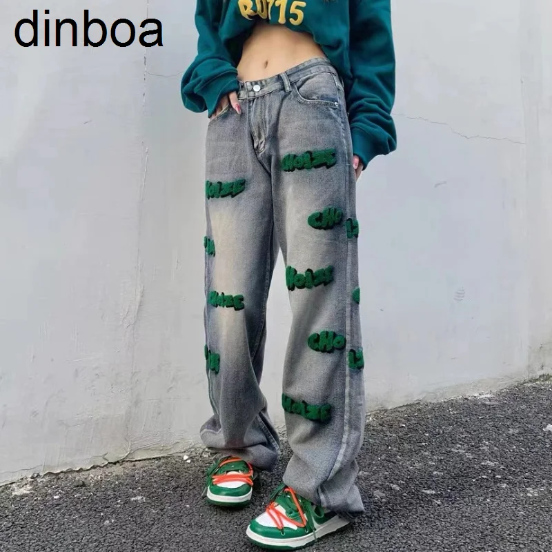 

Американские Джинсы в стиле ретро для девушек Y2k Tide хип-хоп с вышивкой, потертые свободные прямые мешковатые широкие брюки для пары Джокера