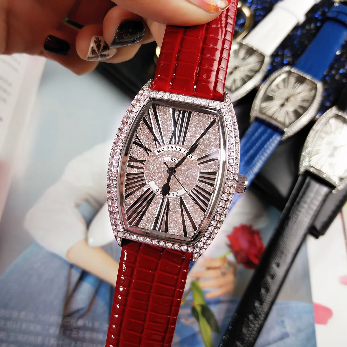 Ladies Diamond Watch Women Tonneau Dial Stone Iced Out Female Girls Wristwatch Rhinestone Luxury Genuine Leather Reloj