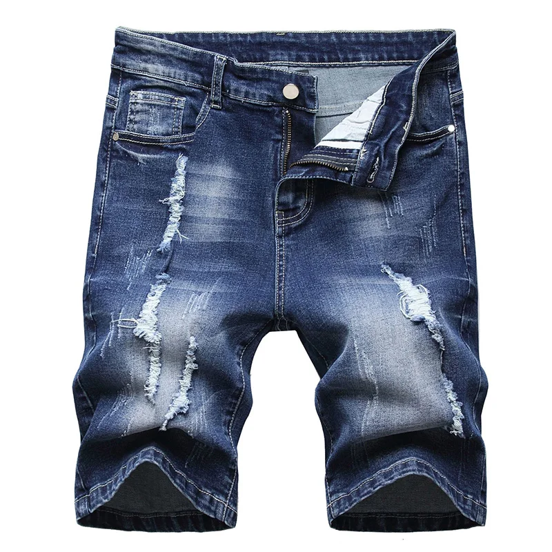 Ripped Men's Denim Shorts Summer Elasticity Hole Distressed Bermuda Male Stretch Knee Length Vintage Short Jeans