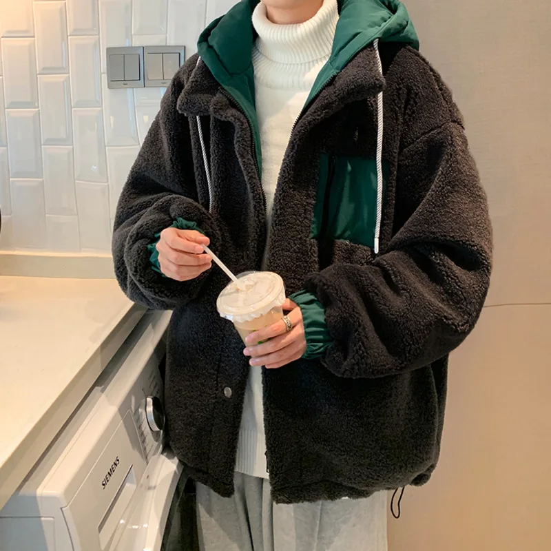 Winter Jacket Men Warm Fashion Casual Thickened Lamb Wool Jackets Mens Streetwear Korean Loose Thick Hooded Short Coat Men M-2XL