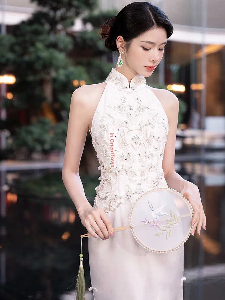 Фото Белое свадебное платье для банкета Cheongsam, азиатское платье для тостов невесты, элитное летнее утягивающее платье в стиле ретро для большого моря, китайское TP089 №5