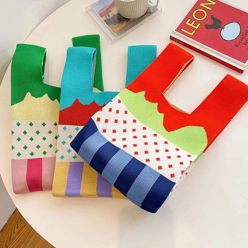 

Милая вязаная сумка в горошек Хепберн, дамская сумочка-мешок, тоут, выходная Портативная сумка для хранения, вязаная женская сумка