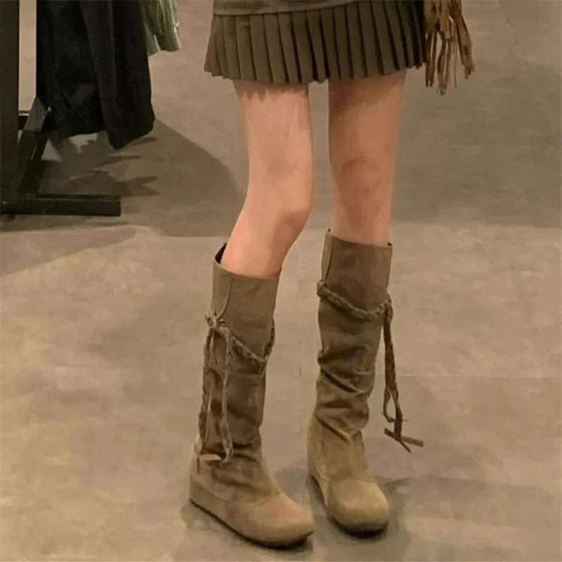 

Зимние женские ковбойские сапоги с кисточками, модные женские сапоги до колена без застежек, женские элегантные сапоги с внутренней высотой