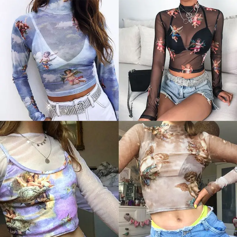 

Womens Summer Long Sleeves Mock Neck Crop Top Romantic Colored Angel Cupid Print DropShip