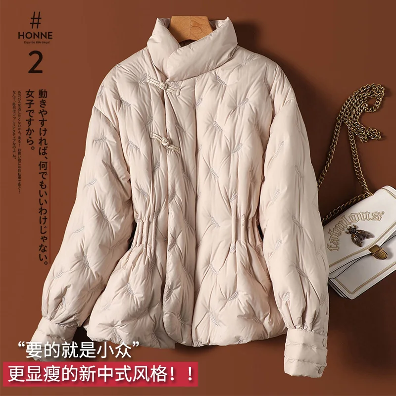 Thin 95% White Goose Down Jacket Women New Fashion Design Coat  Chinese Style  Autumn/Winter  Single Breasted  Slim  Embroidery