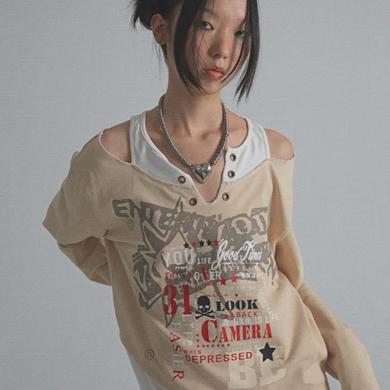 

Steampunk Vintage Off-shoulderT-shirts Y2k Aesthetic Pathwork Top Women Korean Style Harajuku Long Sleeve E Girl Punk Clothes