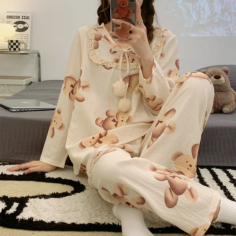 CAIYIER 2022 Winter Women's Peach Sleepwear Medieval Flare Sleeve Casual Nightwear Loungewear Girls Korean Ruffle Pajamas Set