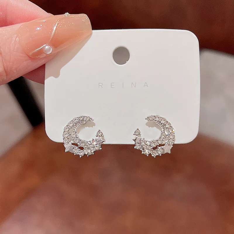 

S925 Silver Needles Korea New Simple Stars Moon Earrings Female Super Flash Zirconia Light Luxury Retro Niche Jewelry