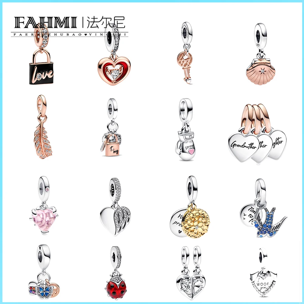 

Fahmi 100% 925 Sterling Silver FLove Padlock Radiant Heart key & Sliding Heart Floating Curved Feather Shell Pendant