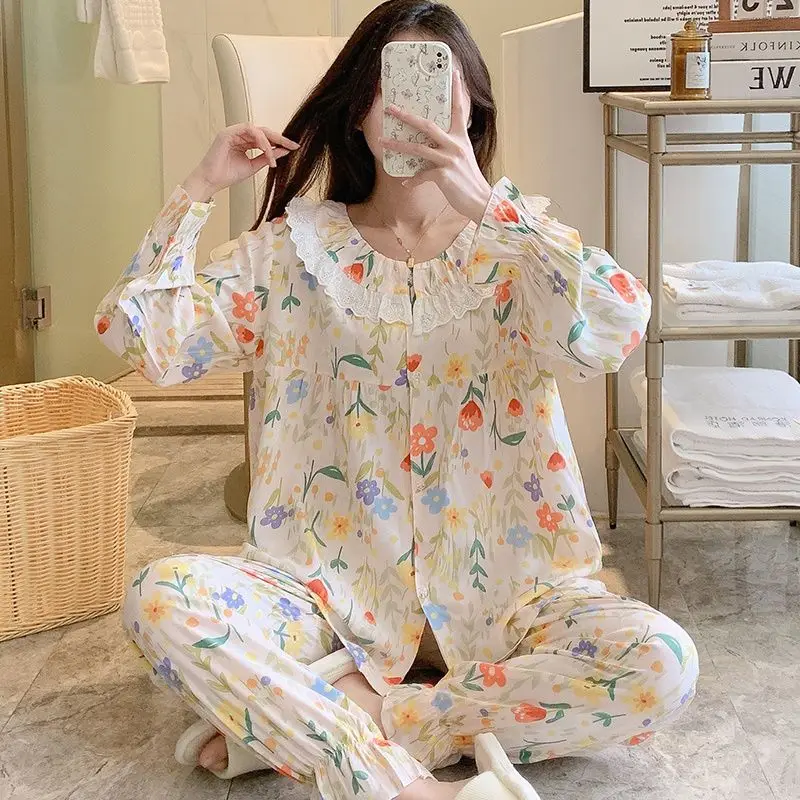 1 Spring and autumn new cotton silk pajamas women's thin suit cardigan plaid cardigan cotton home clothes