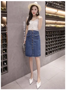 High Waist Denim Skirts Plus Size Buttons Pockets Classic Jeans Skirt for Women S-5XL Fashion Korean Elegant Femme